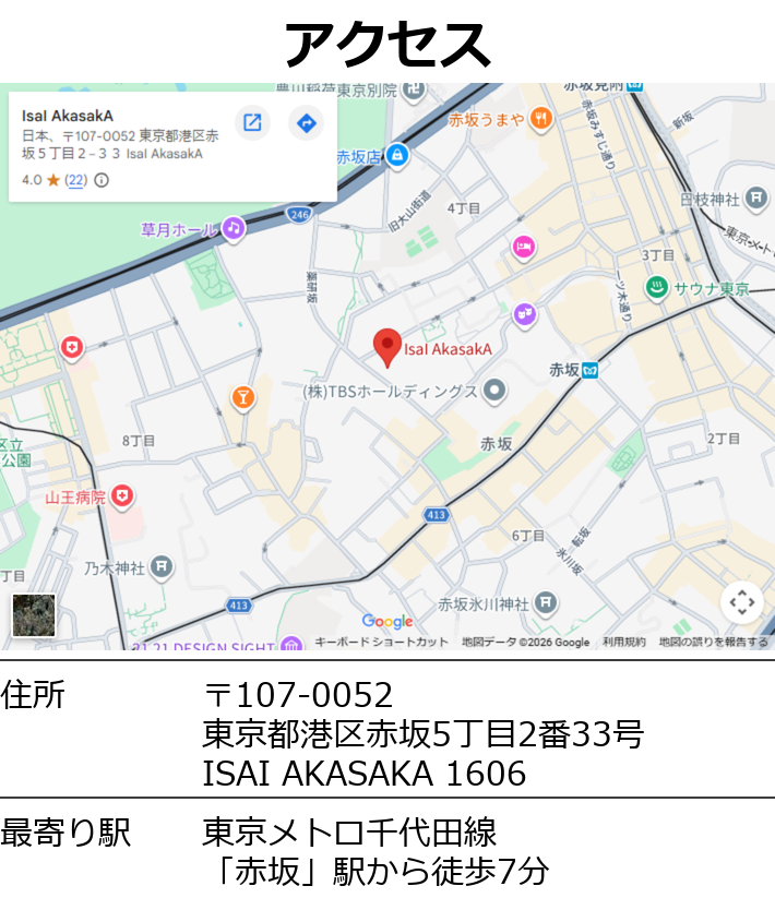 アクセス:
住所:〒107-0052 東京都港区赤坂5丁目2番33号 ISAI AKASAKA 1606
最寄り駅:東京メトロ千代田線「赤坂」駅から徒歩7分
サービスはオンラインを中心にご提供しております。全国どこからでも受講可能です。